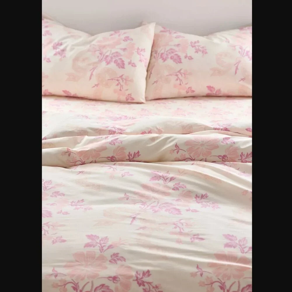 UO Juliette Rose Milk 80% Cotton Floral Bow Toile Duvet Cover Set Twin/Twin XL